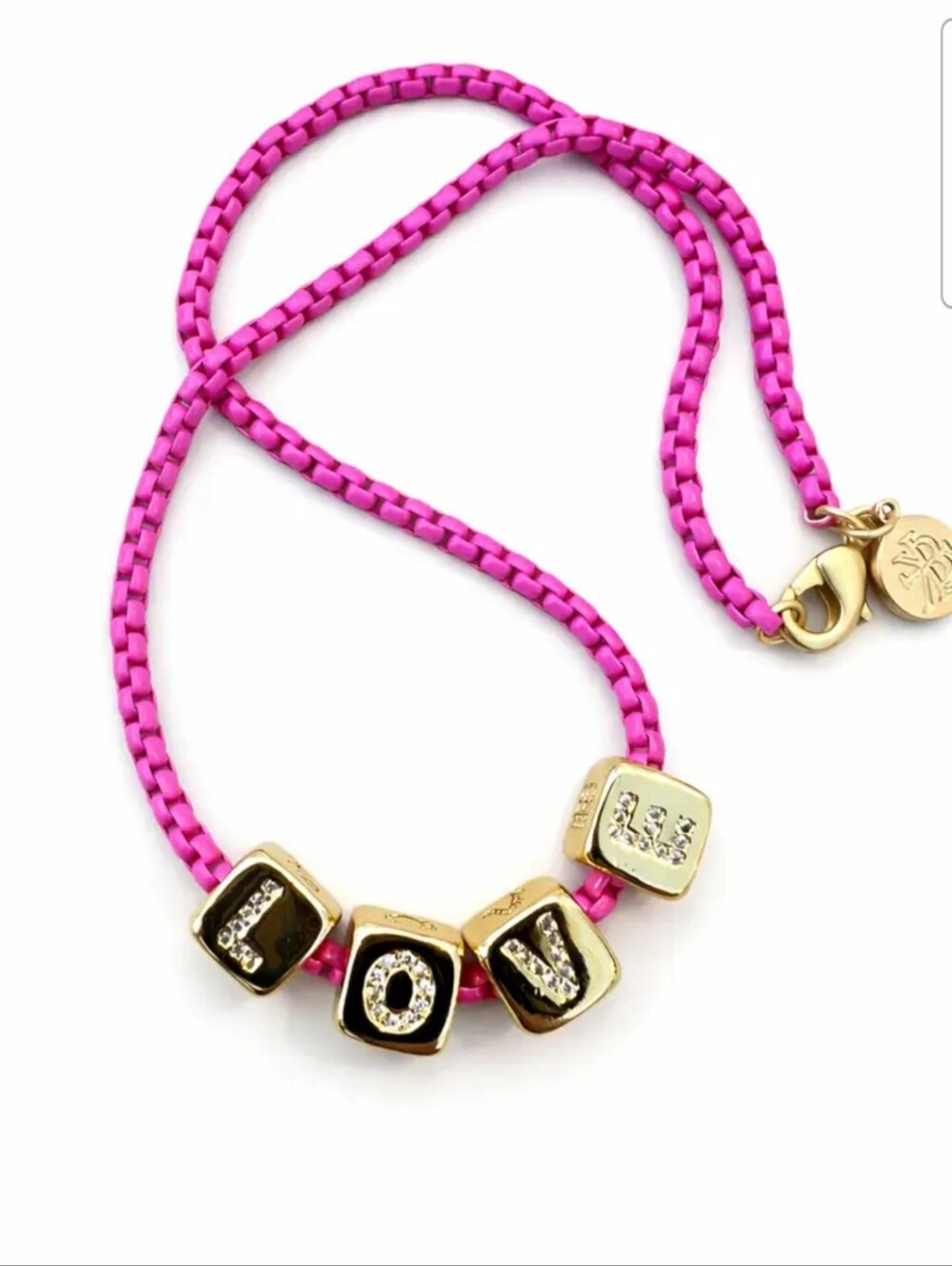 LOVE GOLD  Cube Charm Necklace – Hot Pink Box Chain Rhinestone Letter Beads